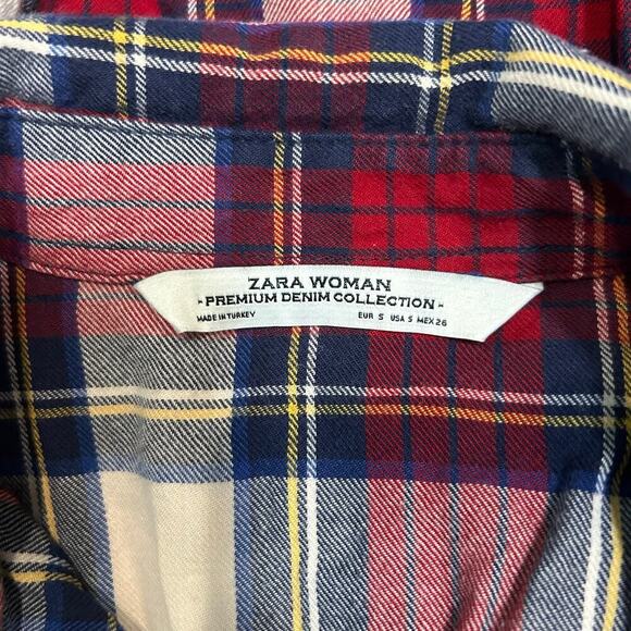 Zara Boyfriend Easy Plaid Shirt Red 7 BLue Long Sleeve Button-Down Top Size S - Picture 4 of 4